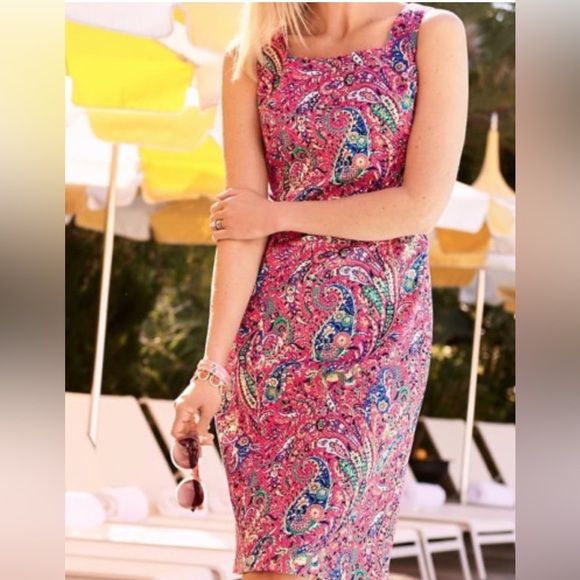 TALBOTS pink salmon Bonaire Paisley Sleeveless Sheath Dress sz 4P open back EUC - Picture 2 of 15